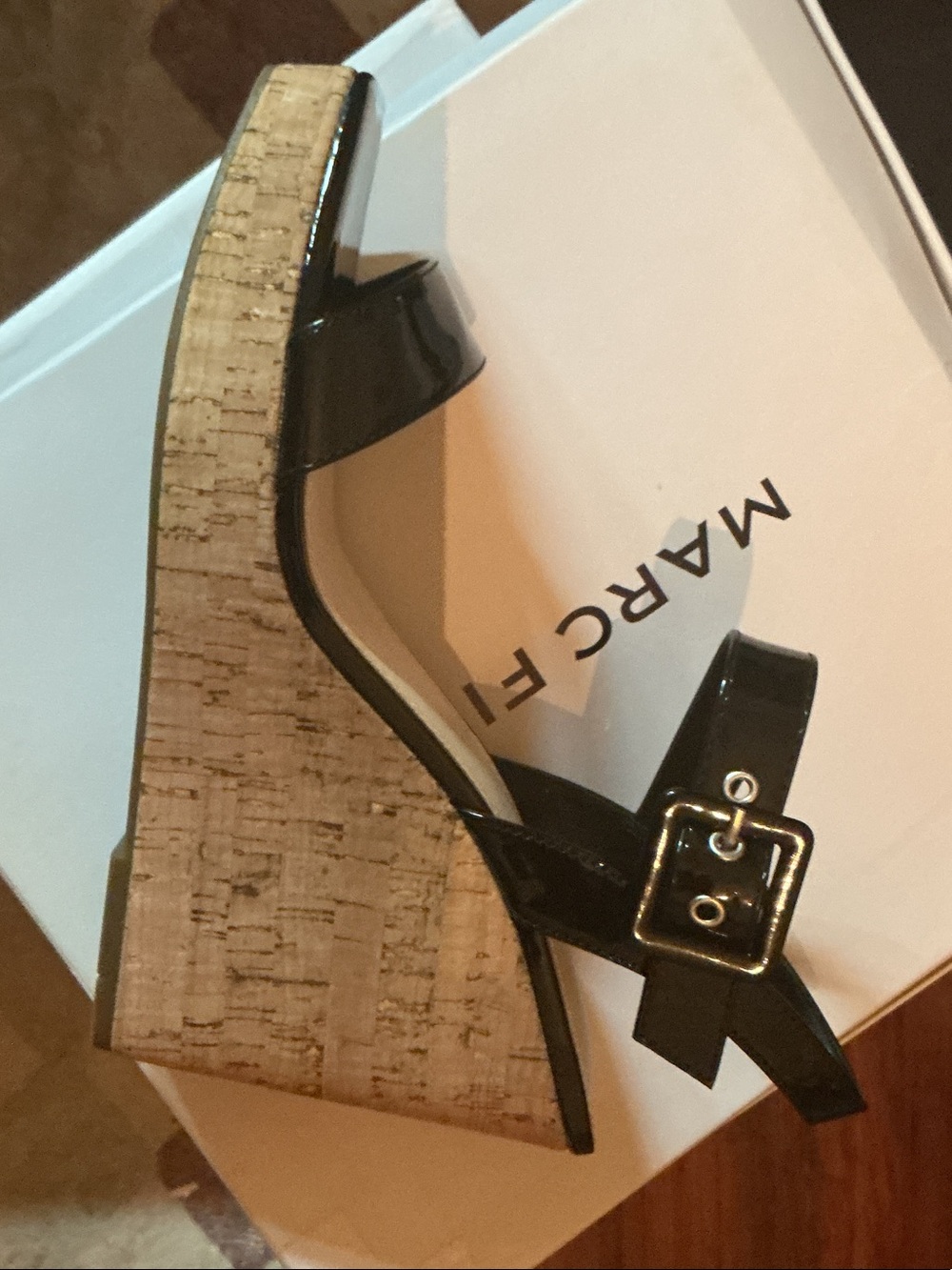 Amazing New Marc Fisher Black Patent Strap Sandals with Buckle